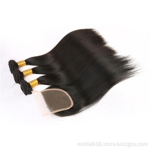 Brazilian virgin hair double drawn natural color silky straight 3bundles with closure 3+1 human hair extensions